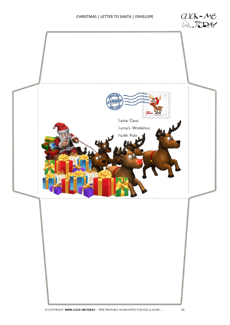 Cute blank envelope to Santa 3d sleigh and reindeers with stamp 26